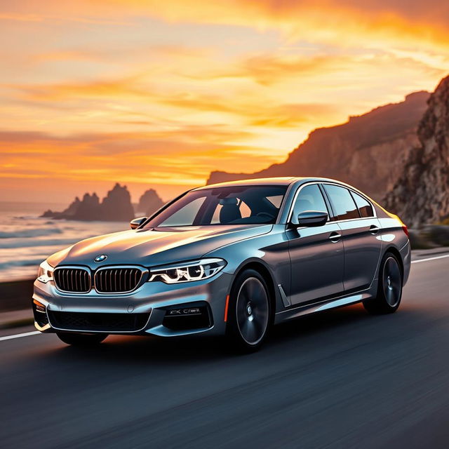 A sleek and modern BMW 5 Series sedan cruising down a picturesque coastal road at sunset