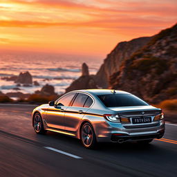 A sleek and modern BMW 5 Series sedan cruising down a picturesque coastal road at sunset