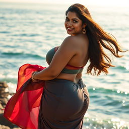 An Indian woman with voluptuous curves, including large breasts and a large derrière, posing gracefully by the sea