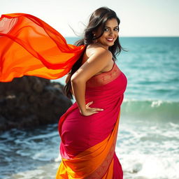 An Indian woman with voluptuous curves, including large breasts and a large derrière, posing gracefully by the sea