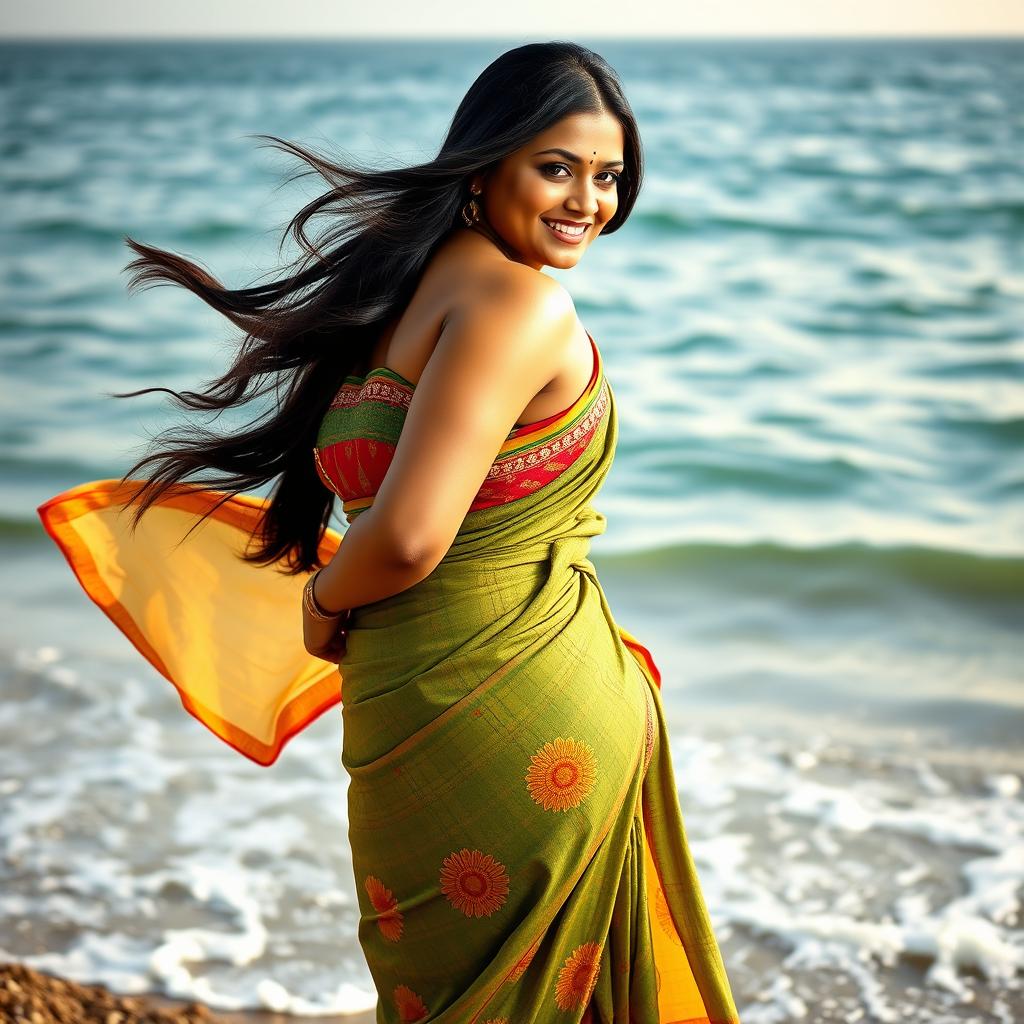 An Indian woman with voluptuous curves, including large breasts and a large derrière, posing gracefully by the sea