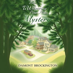 A charming book cover for "The Whispering Pines Mystery," a cozy mystery novel set in a quaint small town, by Damont Brockington