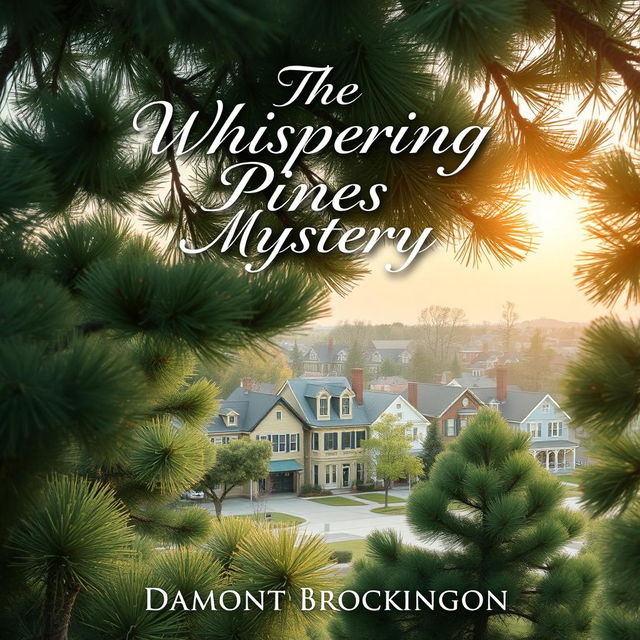 A charming book cover for "The Whispering Pines Mystery," a cozy mystery novel set in a quaint small town, by Damont Brockington