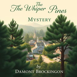 A charming book cover for "The Whispering Pines Mystery," a cozy mystery novel set in a quaint small town, by Damont Brockington