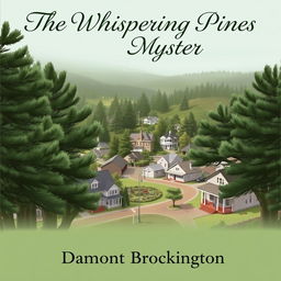 A charming book cover for "The Whispering Pines Mystery," a cozy mystery novel set in a quaint small town, by Damont Brockington