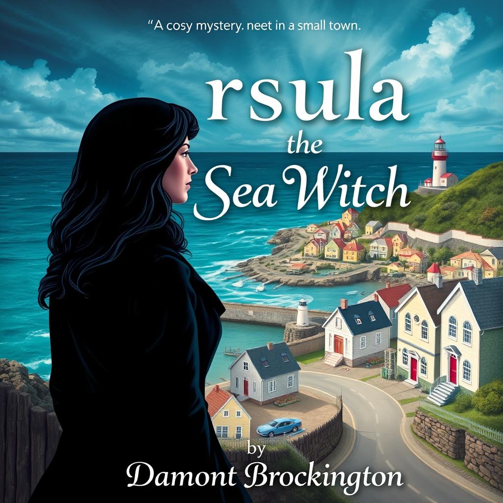 A captivating book cover for "Ursula the Sea Witch," a cozy mystery novel set in a small town by Damont Brockington