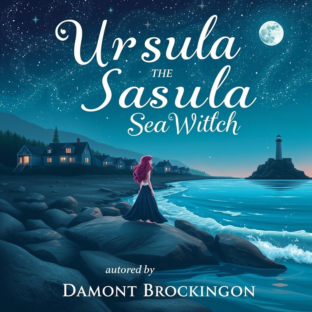 A captivating book cover for "Ursula the Sea Witch," a cozy mystery novel set in a small town, inspired by "The Little Mermaid," authored by Damont Brockington