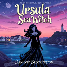 A captivating book cover for "Ursula the Sea Witch," a cozy mystery novel inspired by "The Little Mermaid," set in a small, idyllic coastal town, authored by Damont Brockington