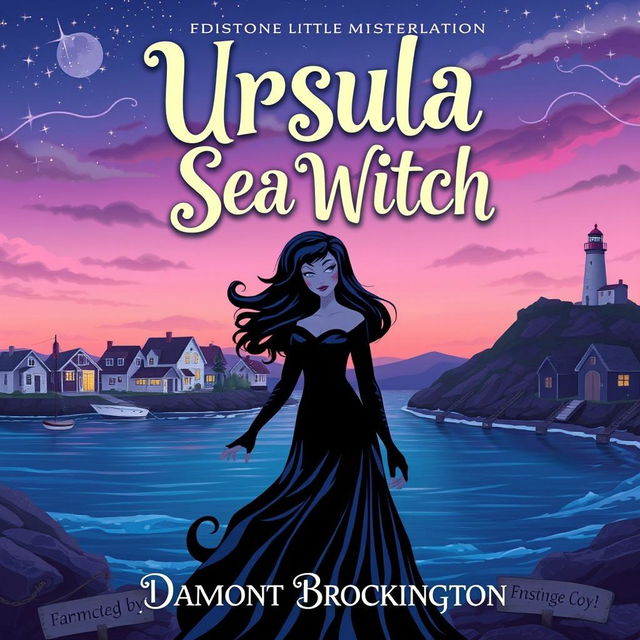 A captivating book cover for "Ursula the Sea Witch," a cozy mystery novel inspired by "The Little Mermaid," set in a small, idyllic coastal town, authored by Damont Brockington