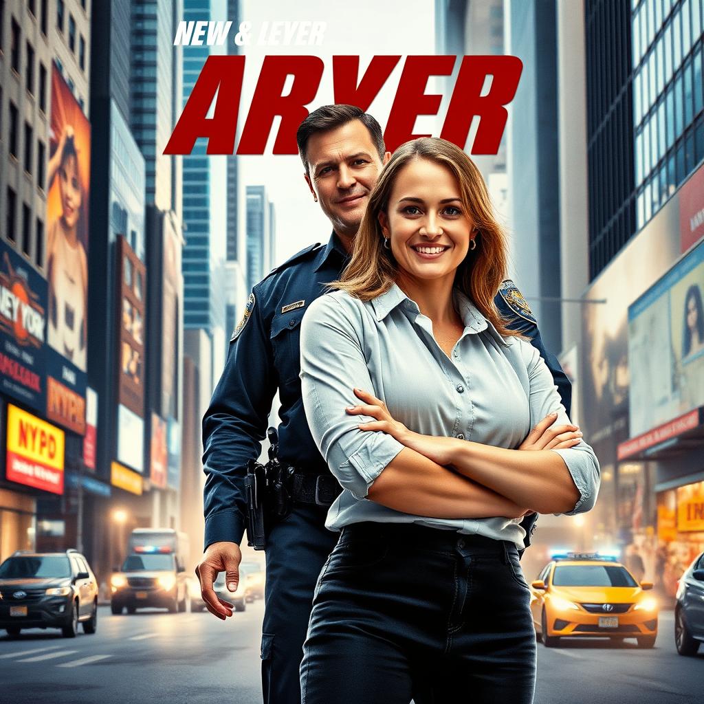 A movie poster featuring a female architect standing confidently and smiling at the camera, with a male NYPD cop positioned behind her as her work partner