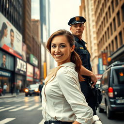 A movie poster featuring a female architect standing confidently and smiling at the camera, with a male NYPD cop positioned behind her as her work partner