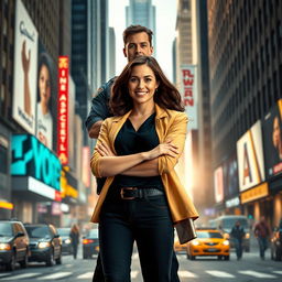 A movie poster featuring a female architect standing confidently and smiling at the camera, with a male NYPD cop positioned behind her as her work partner