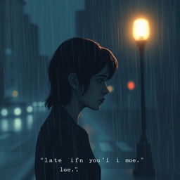 A poignant depiction of a person standing in the rain under a soft streetlight, with a pensive expression, conveying a late realization of love