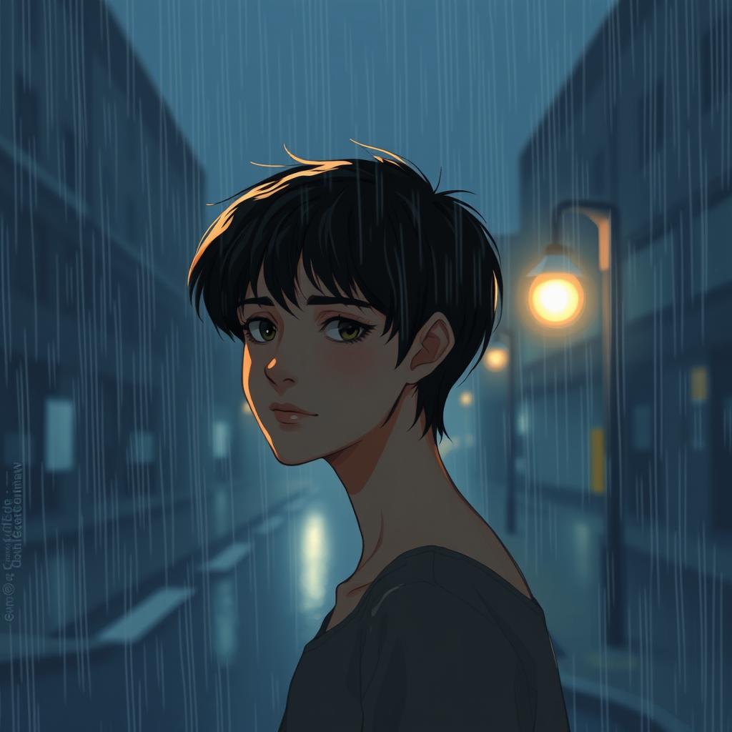 A poignant depiction of a person standing in the rain under a soft streetlight, with a pensive expression, conveying a late realization of love