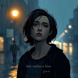 A poignant depiction of a person standing in the rain under a soft streetlight, with a pensive expression, conveying a late realization of love