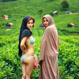 Two beautiful women standing in a rural setting