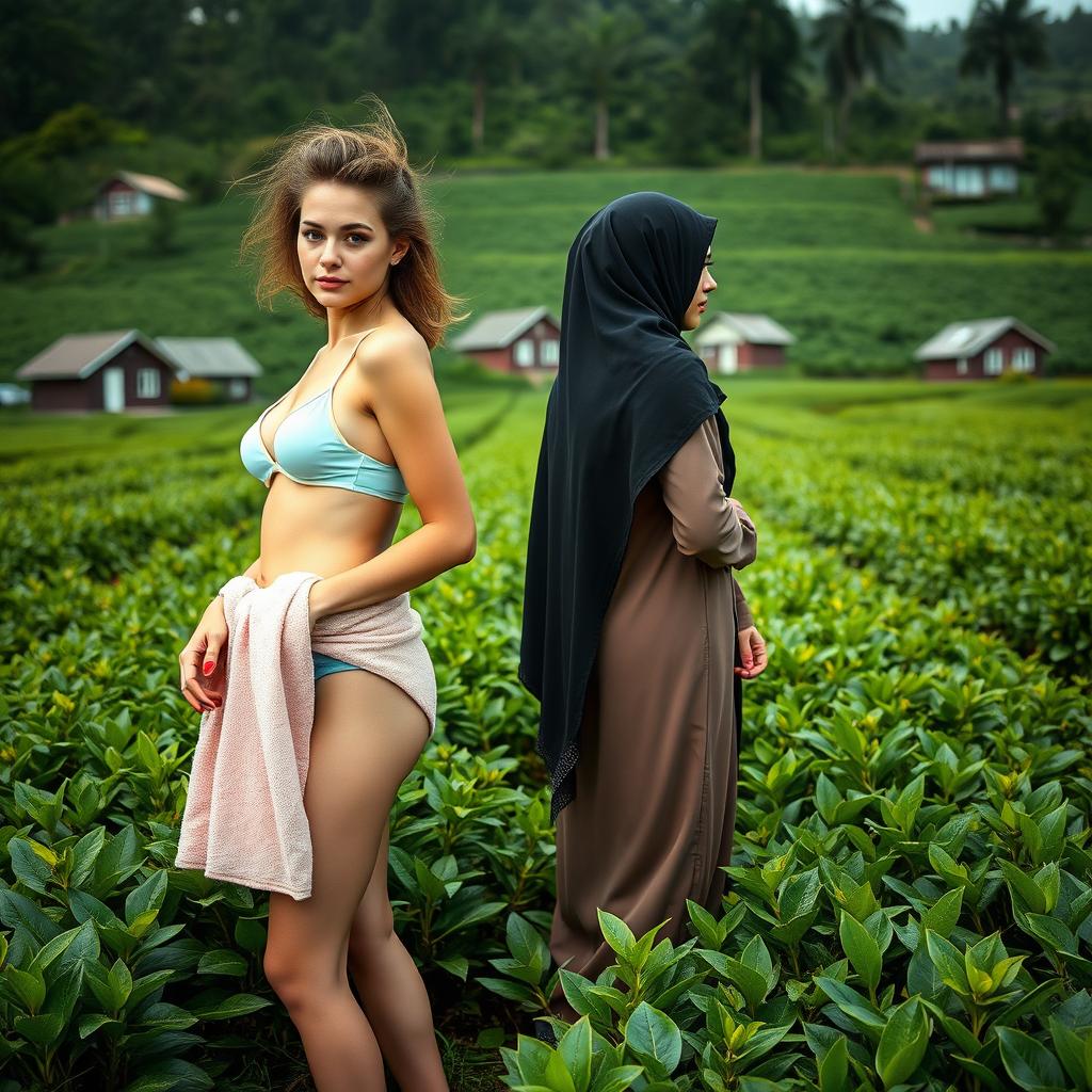 Two beautiful women standing in a rural setting