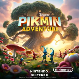 A whimsical and vibrant movie poster for a Nintendo-themed film, featuring the adorable Pikmin characters in an epic adventure setting