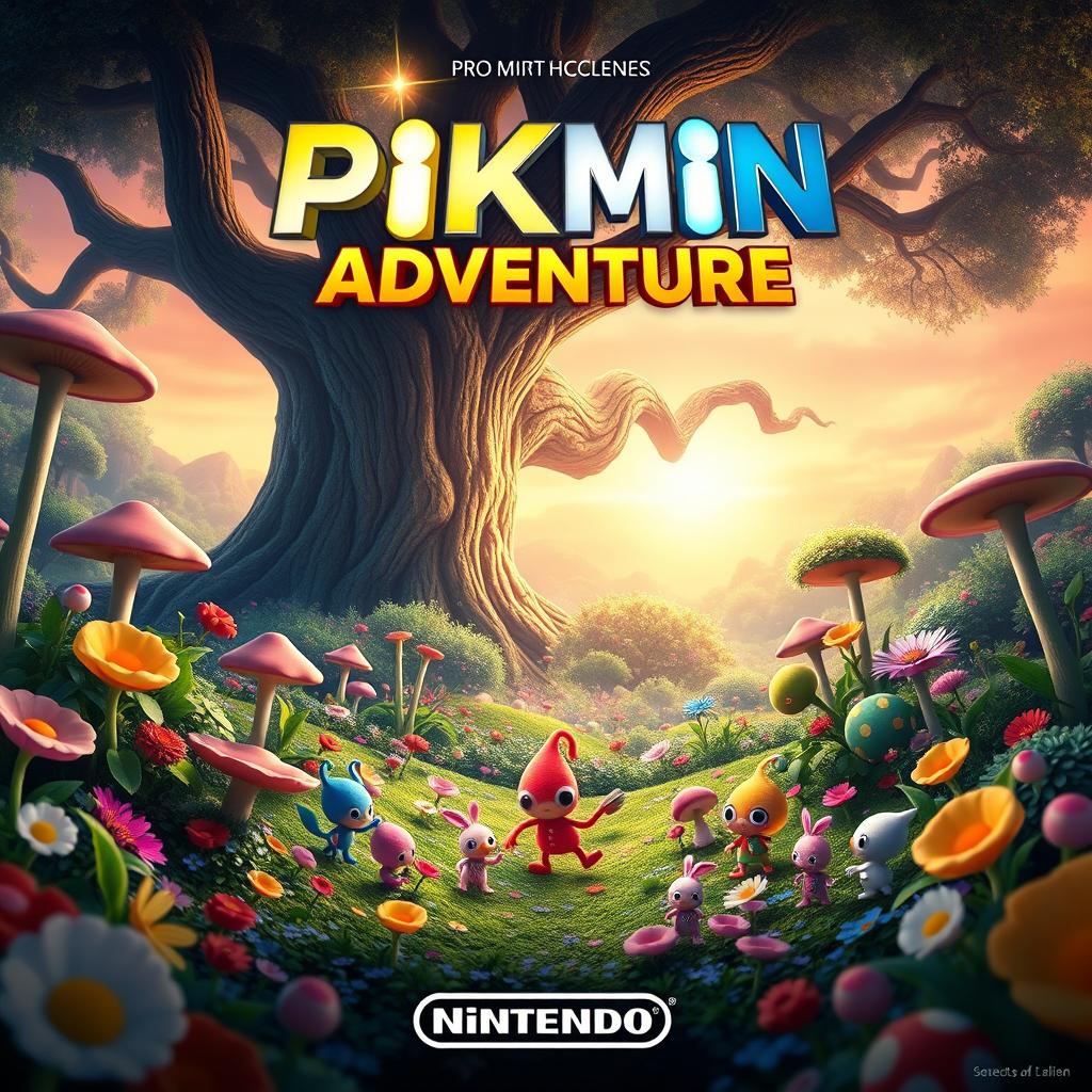 A whimsical and vibrant movie poster for a Nintendo-themed film, featuring the adorable Pikmin characters in an epic adventure setting