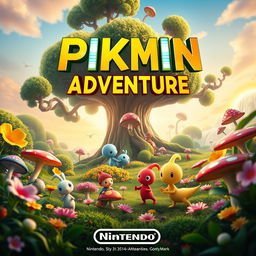 A whimsical and vibrant movie poster for a Nintendo-themed film, featuring the adorable Pikmin characters in an epic adventure setting