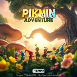 A whimsical and vibrant movie poster for a Nintendo-themed film, featuring the adorable Pikmin characters in an epic adventure setting