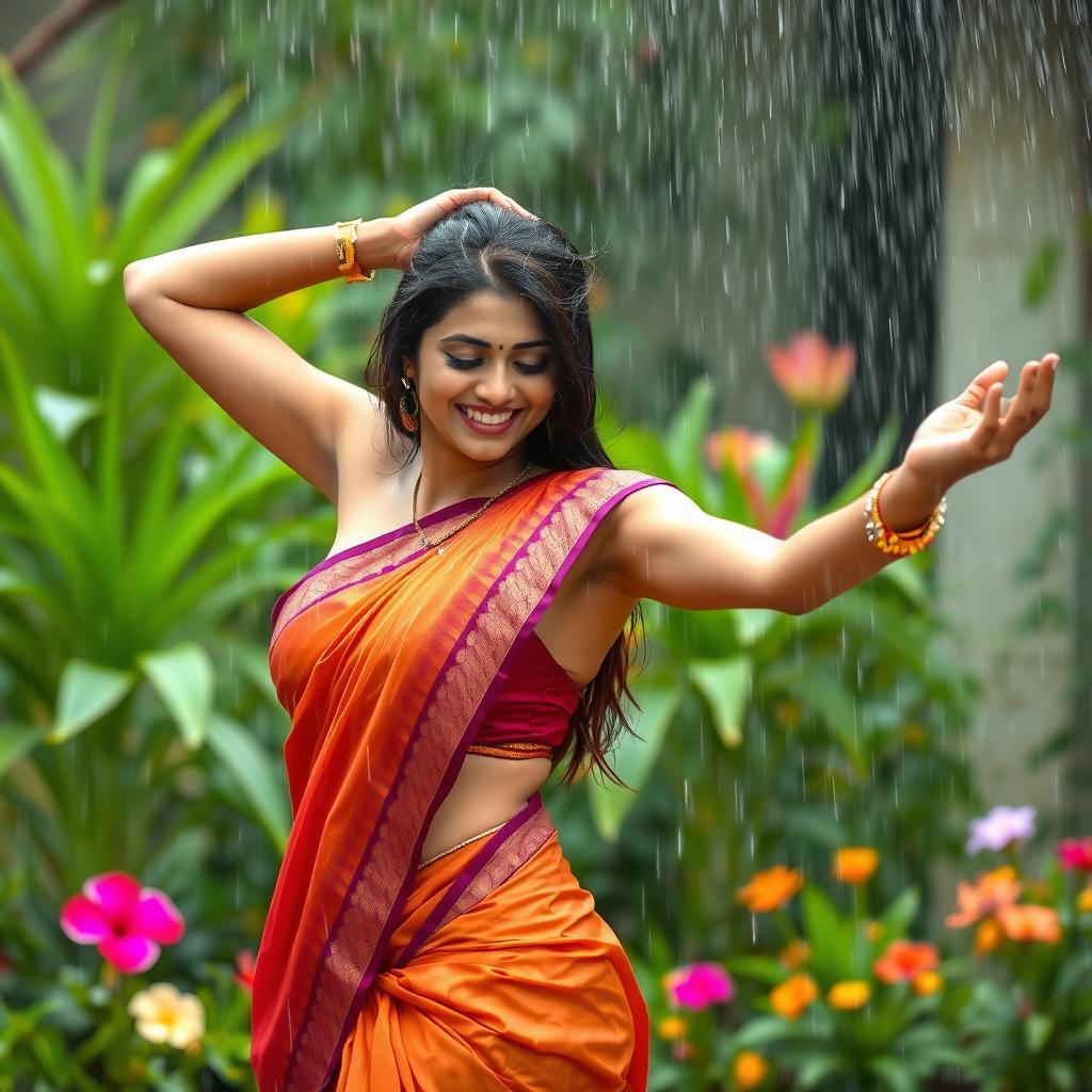 A beautiful and attractive Indian woman enjoying a rain shower outdoors, her traditional sari clinging sensuously to her skin