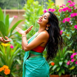 A beautiful and attractive Indian woman enjoying a rain shower outdoors, her traditional sari clinging sensuously to her skin