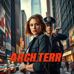 A portrait-oriented movie poster featuring a female architect standing confidently and looking directly at the camera, with a male NYPD cop positioned behind her as her work partner