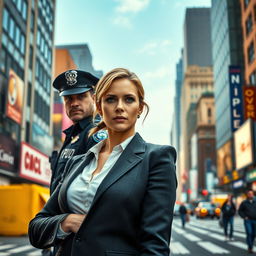 A portrait-oriented movie poster featuring a female architect standing confidently and looking directly at the camera, with a male NYPD cop positioned behind her as her work partner