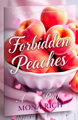 A charming and playful book cover for a romantic comedy featuring the title 'Forbidden Peaches'