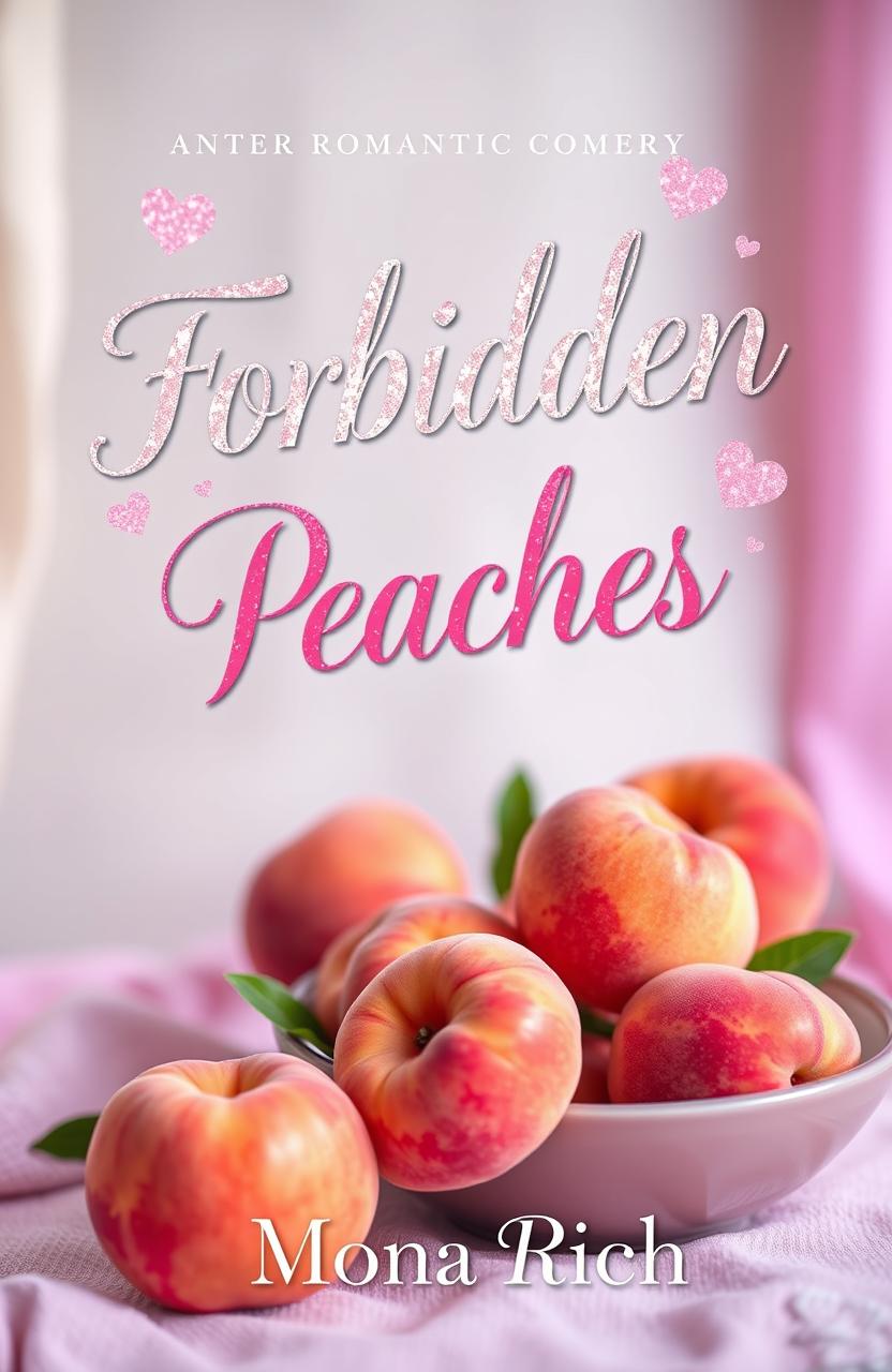 A charming and playful book cover for a romantic comedy featuring the title 'Forbidden Peaches'