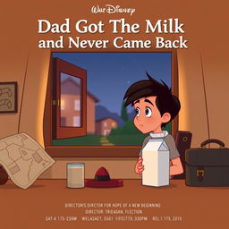 A Disney-style movie poster for a heartfelt and emotional story titled 'Dad Got The Milk and Never Came Back'