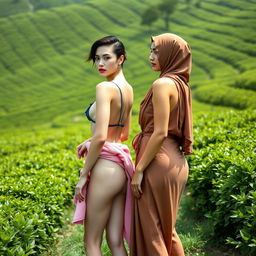 Two stunning women with white skin stand in a lush, green tea plantation