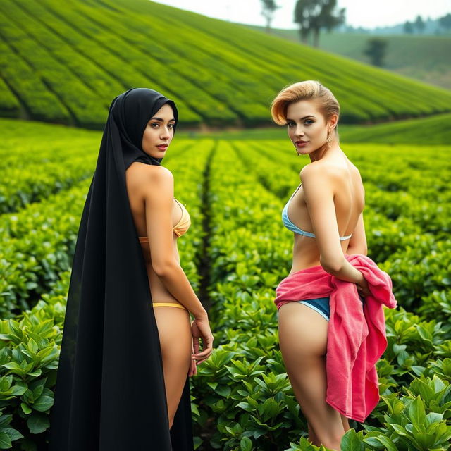 Two stunning women with white skin stand in a lush, green tea plantation