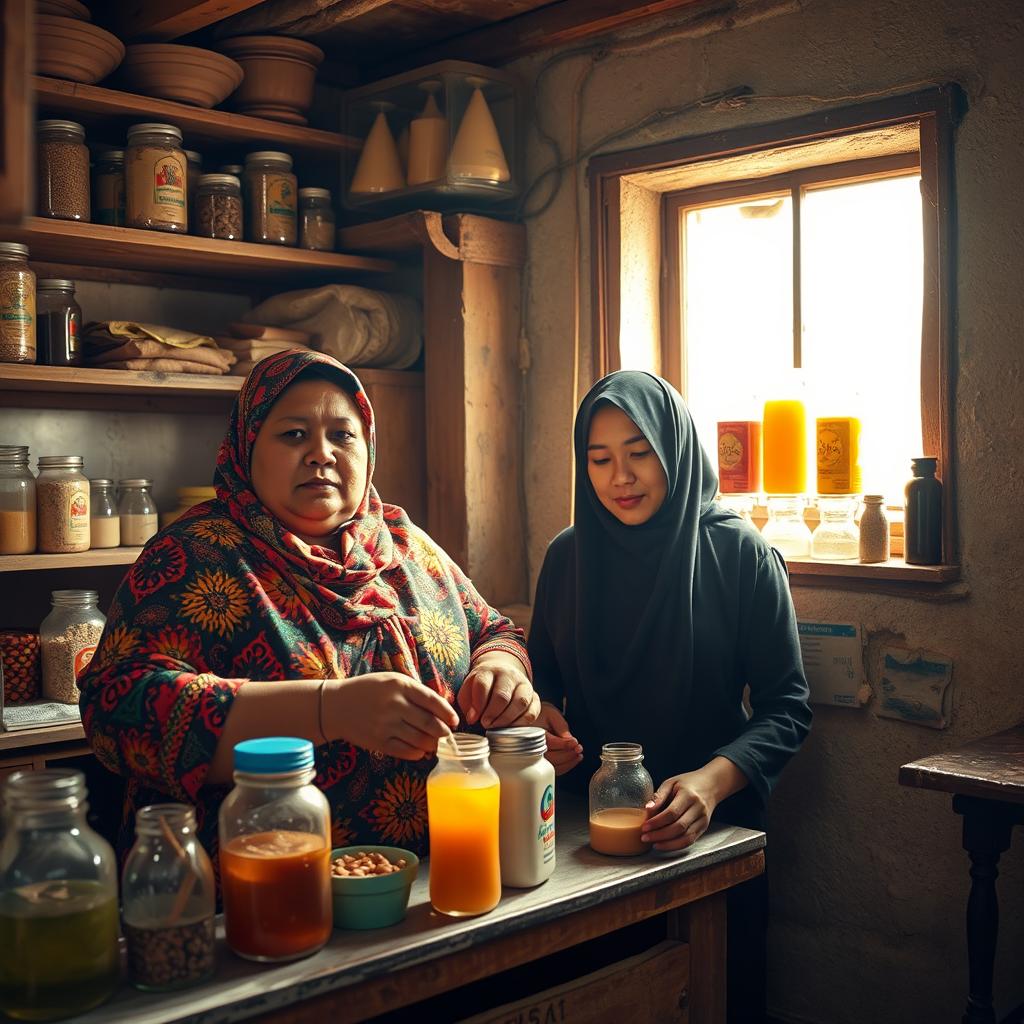 In a small, rustic village shop in Egypt, a fat, dark-skinned woman wearing a brightly patterned hijab and traditional attire