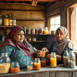 In a small, rustic village shop in Egypt, a fat, dark-skinned woman wearing a brightly patterned hijab and traditional attire