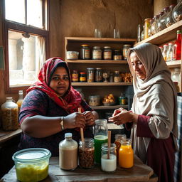 In a small, rustic village shop in Egypt, a fat, dark-skinned woman wearing a brightly patterned hijab and traditional attire