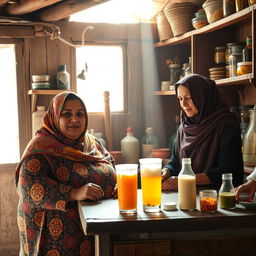 In a small, rustic village shop in Egypt, a fat, dark-skinned woman wearing a brightly patterned hijab and traditional attire