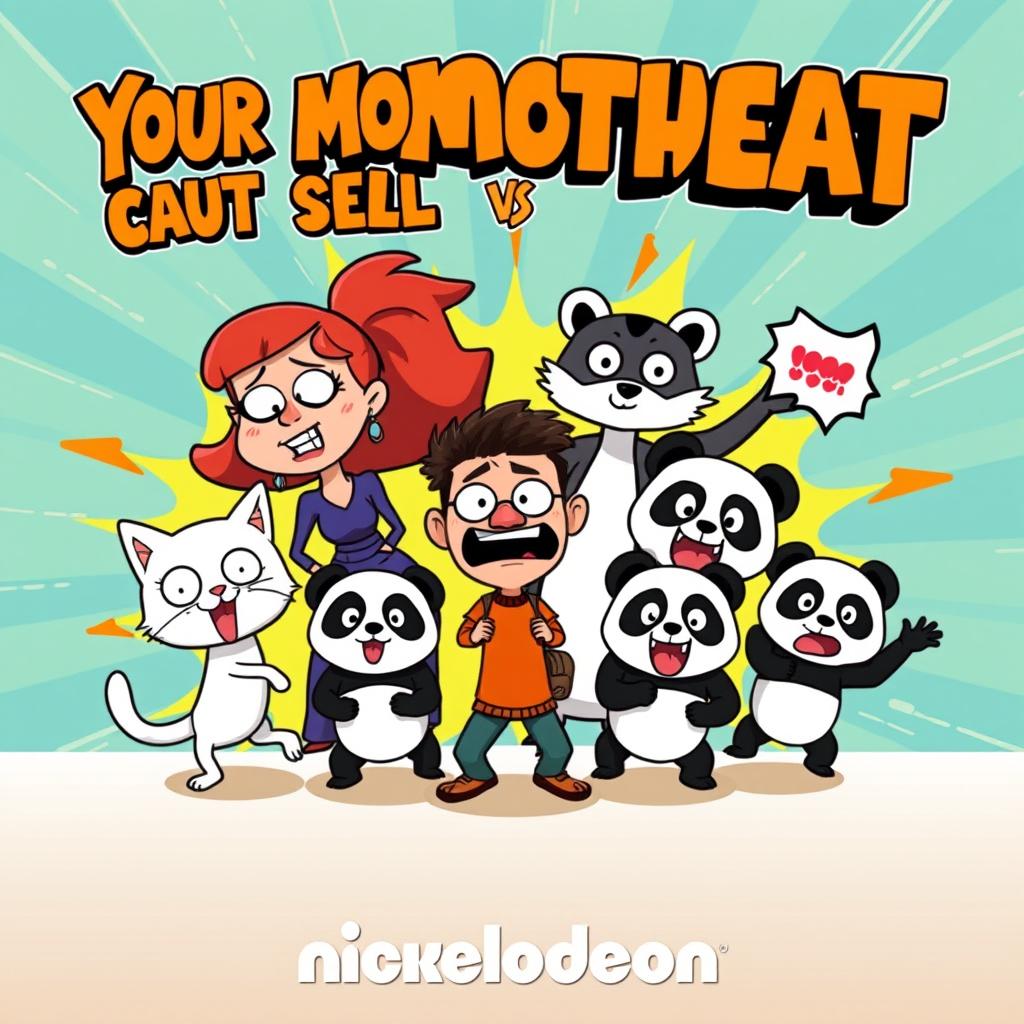 A Nickelodeon-style show poster for a chaotic and comedic series titled 'Your Mother vs Your Cat vs Yourself vs Pandas vs Buttcheeks'