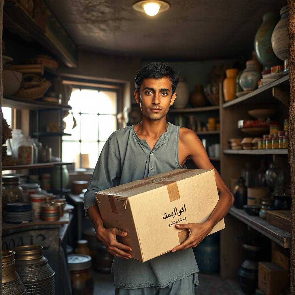 In an old, charming village shop in Egypt, a young, tall, and thin man, with a focused expression, is carrying a heavy cardboard carton