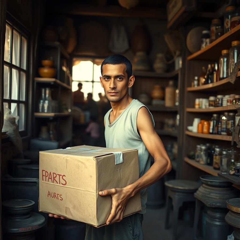 In an old, charming village shop in Egypt, a young, tall, and thin man, with a focused expression, is carrying a heavy cardboard carton