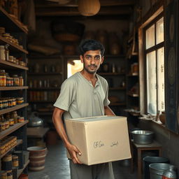 In an old, charming village shop in Egypt, a young, tall, and thin man, with a focused expression, is carrying a heavy cardboard carton