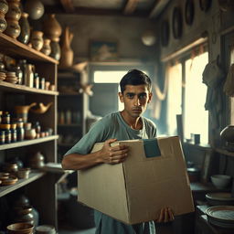 In an old, charming village shop in Egypt, a young, tall, and thin man, with a focused expression, is carrying a heavy cardboard carton