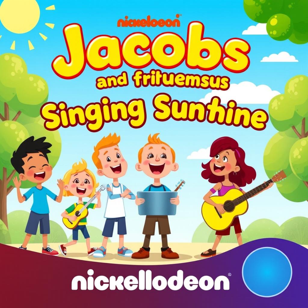 A Nickelodeon-style show poster for a cheerful and musical series titled 'Jacobs and Friends Singing Sunshine'