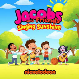 A Nickelodeon-style show poster for a cheerful and musical series titled 'Jacobs and Friends Singing Sunshine'