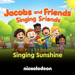 A Nickelodeon-style show poster for a cheerful and musical series titled 'Jacobs and Friends Singing Sunshine'