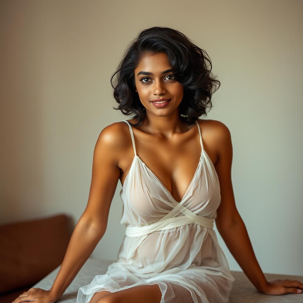 A 28-year-old Sri Lankan woman with fair skin, average body build, and slightly curly black hair