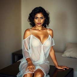 A 28-year-old Sri Lankan woman with fair skin, average body build, and slightly curly black hair