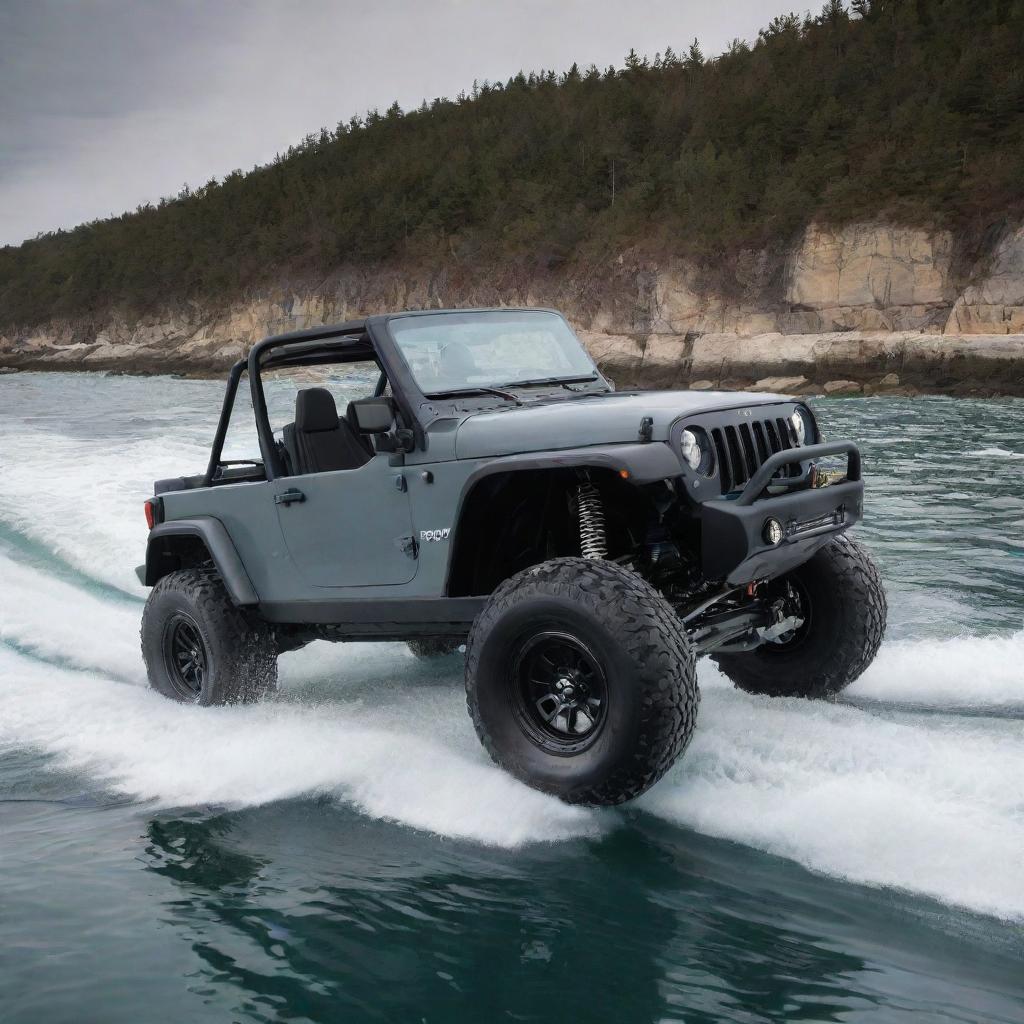 A resilient and adventurous off-shore powerboat featuring the bold design elements and the off-road surfaces of a Jeep vehicle