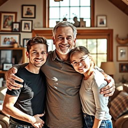 A loving father with his grown-up children, a middle-aged man with a gentle smile, arms around an adult son and daughter